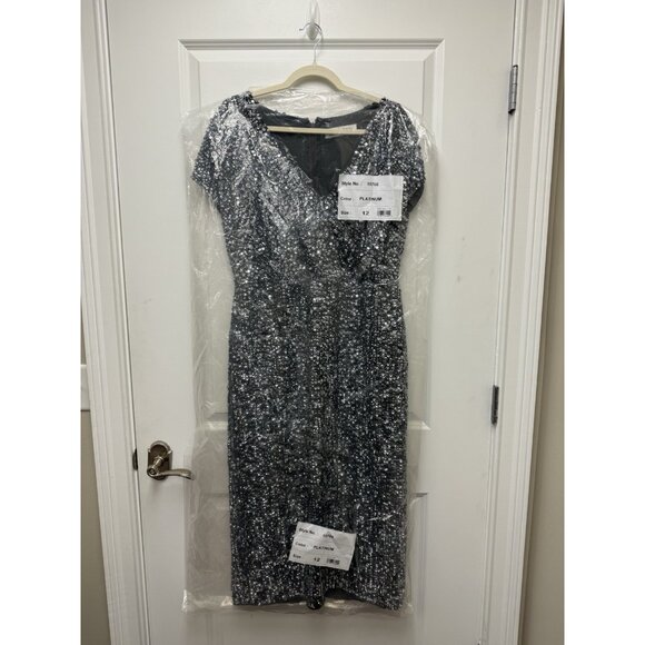 NWT Mac Duggal Size 12 Gray Sequined Cap Sleeve Wrap Over Cocktail Midi Dress - Picture 12 of 13